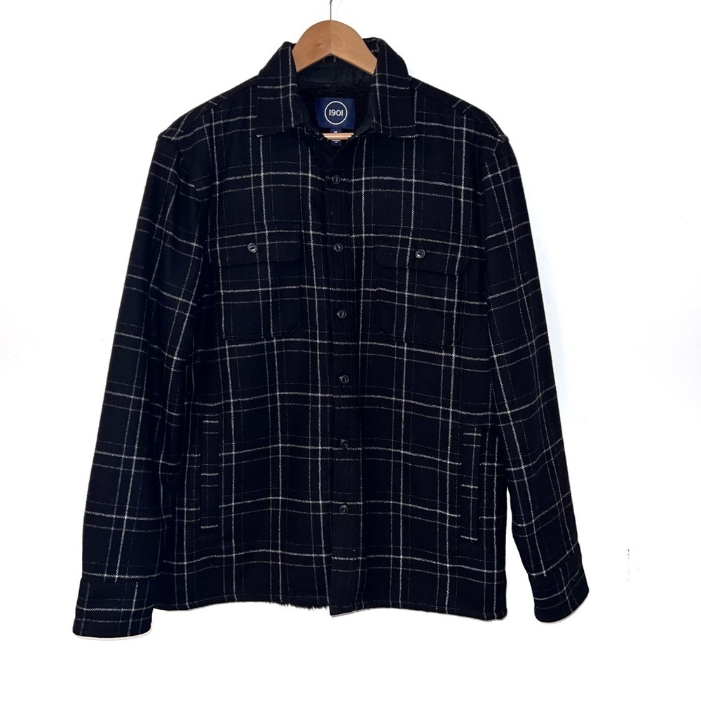 Nordstrom 1901 Mens Black Plaid Windowpane Faux Fur Fleece Lined Shirt Jacket